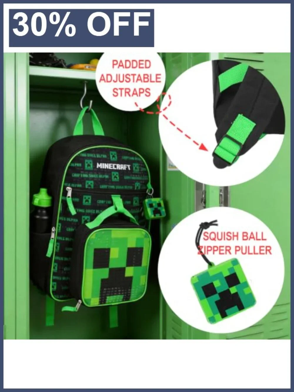 Minecraft Creeper Youth 5-Piece Backpack Set with Lunch Box, Water Bottle &